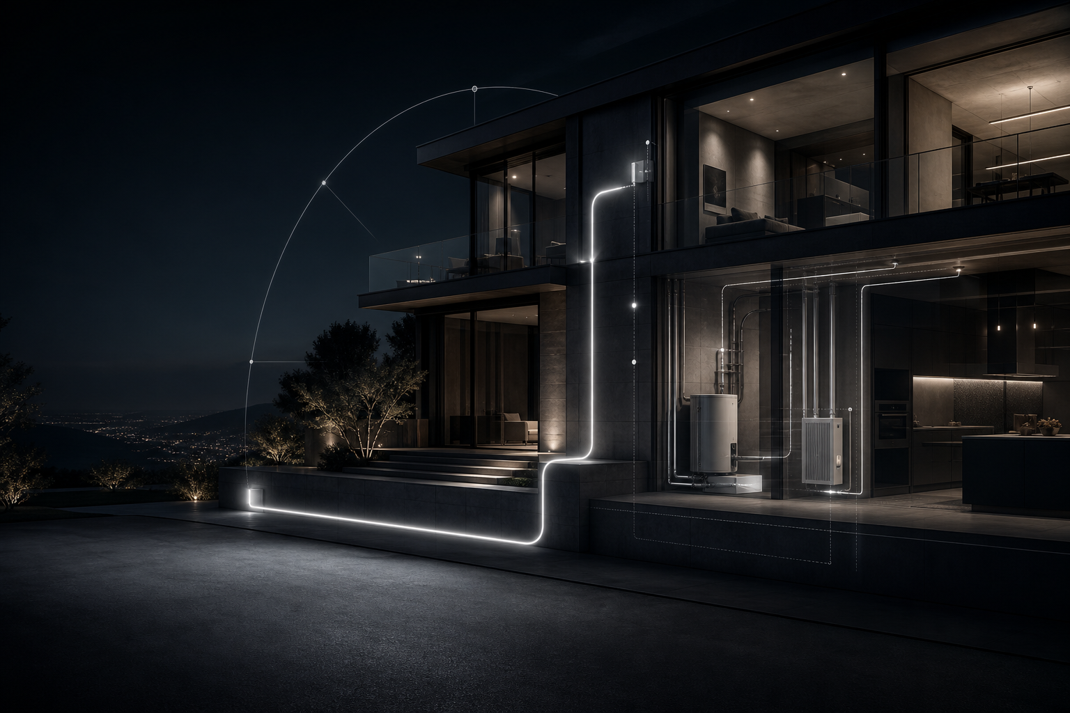 Modern residence with an illuminated intelligent service route