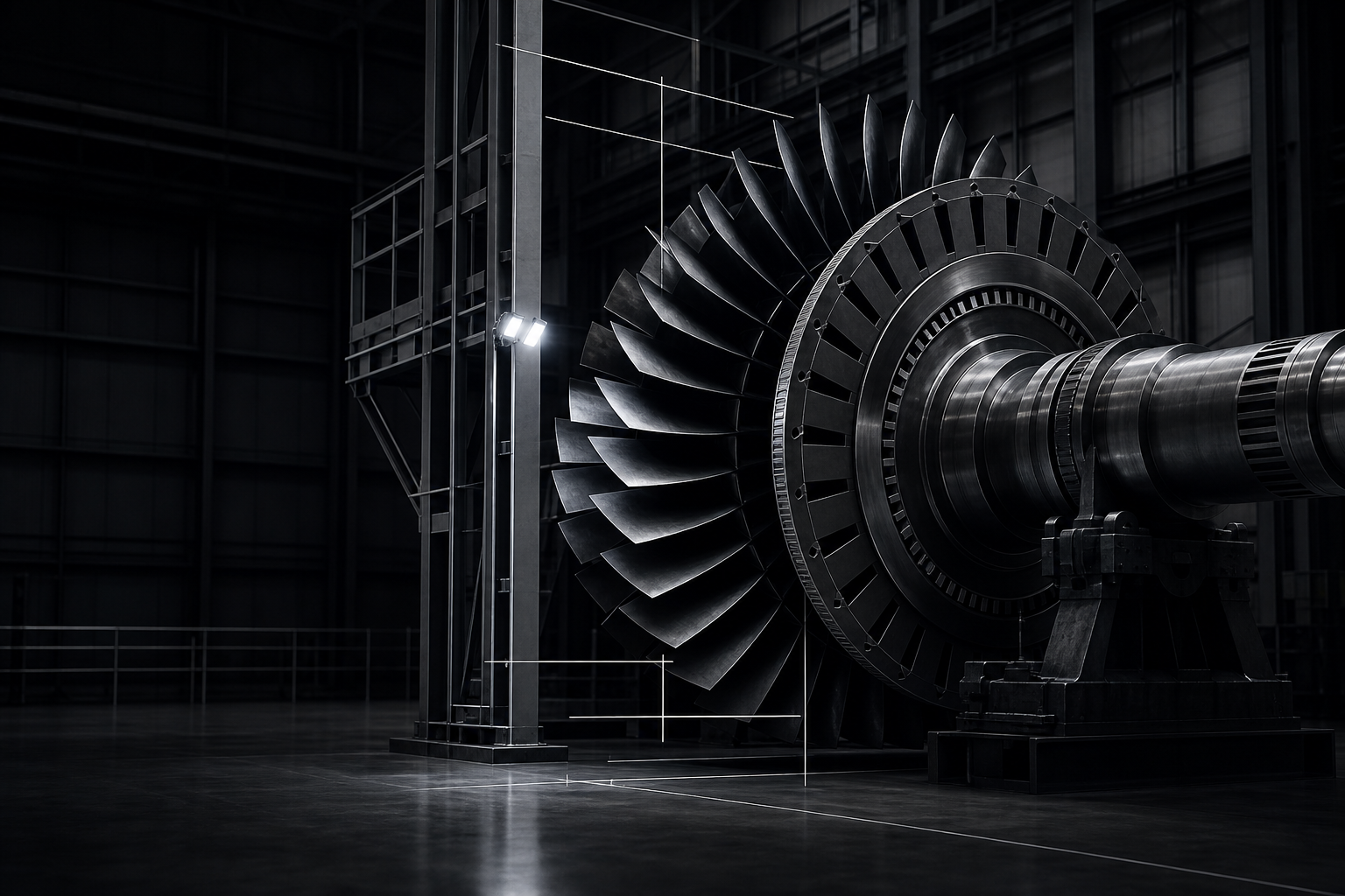 Industrial turbine under precision inspection in a dark fabrication hall
