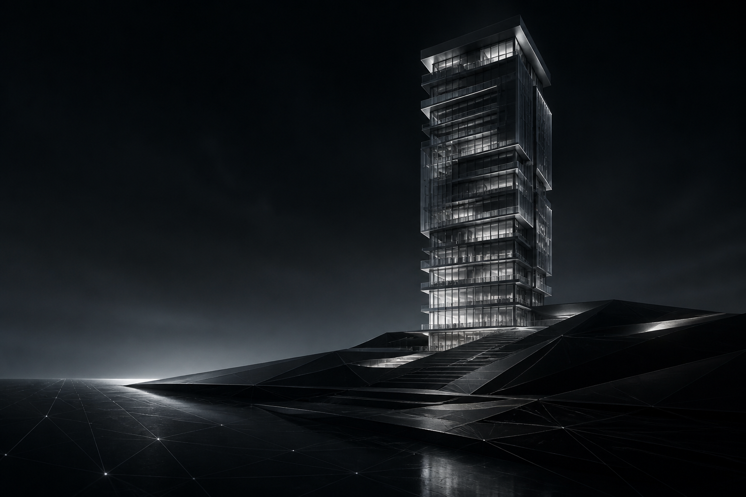 Modern dark glass tower rising from a precision-mapped landscape