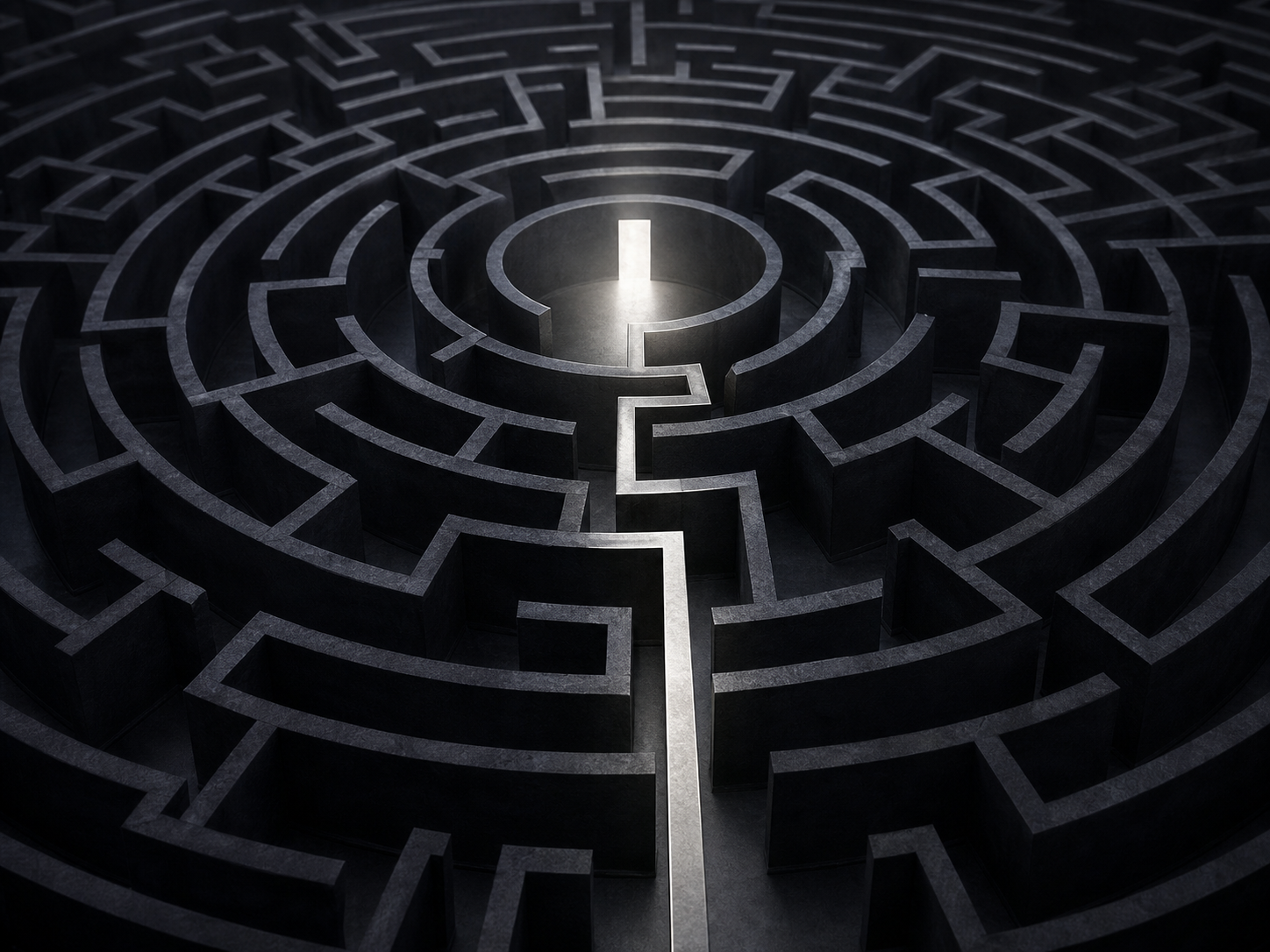 A silver decision path crossing a dark strategic labyrinth